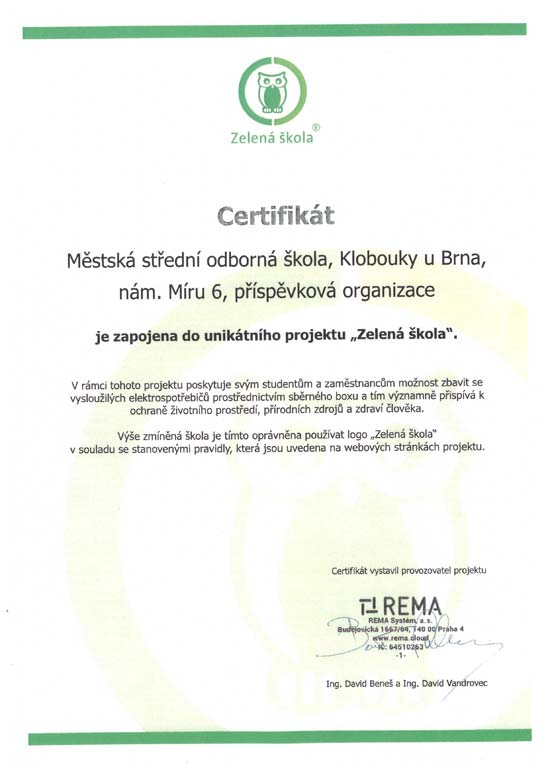 Certifikát Zelená škola